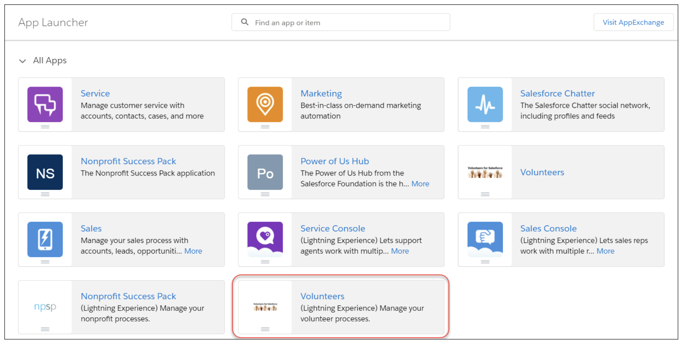 App Launcher with Volunteers for Salesforce Lightning app