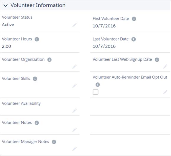 Volunteer fields on the Contact record