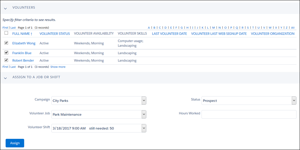 Assigning volunteers to a shift from the Find Volunteers search results