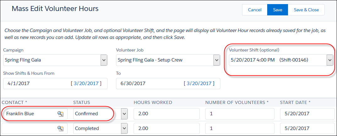 Shift selected on the Mass Edit Volunteer Hours page