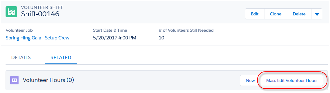 Mass Edit Volunteer Hours button on the Volunteer Shift record
