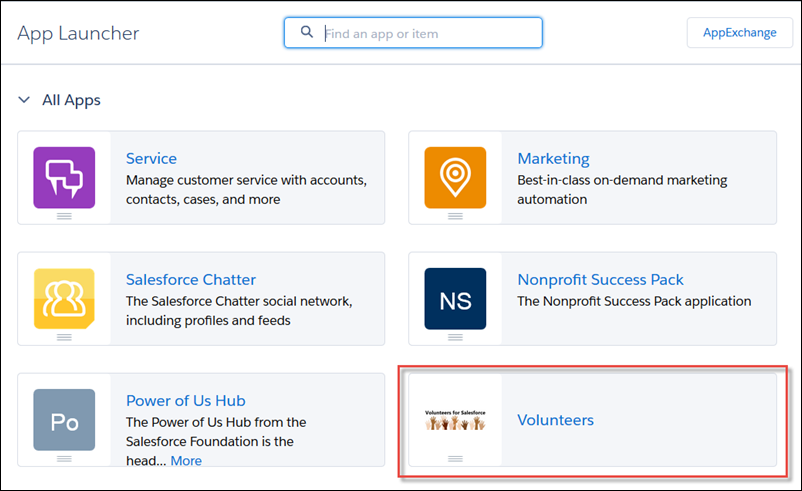 Volunteers in the App Launcher menu