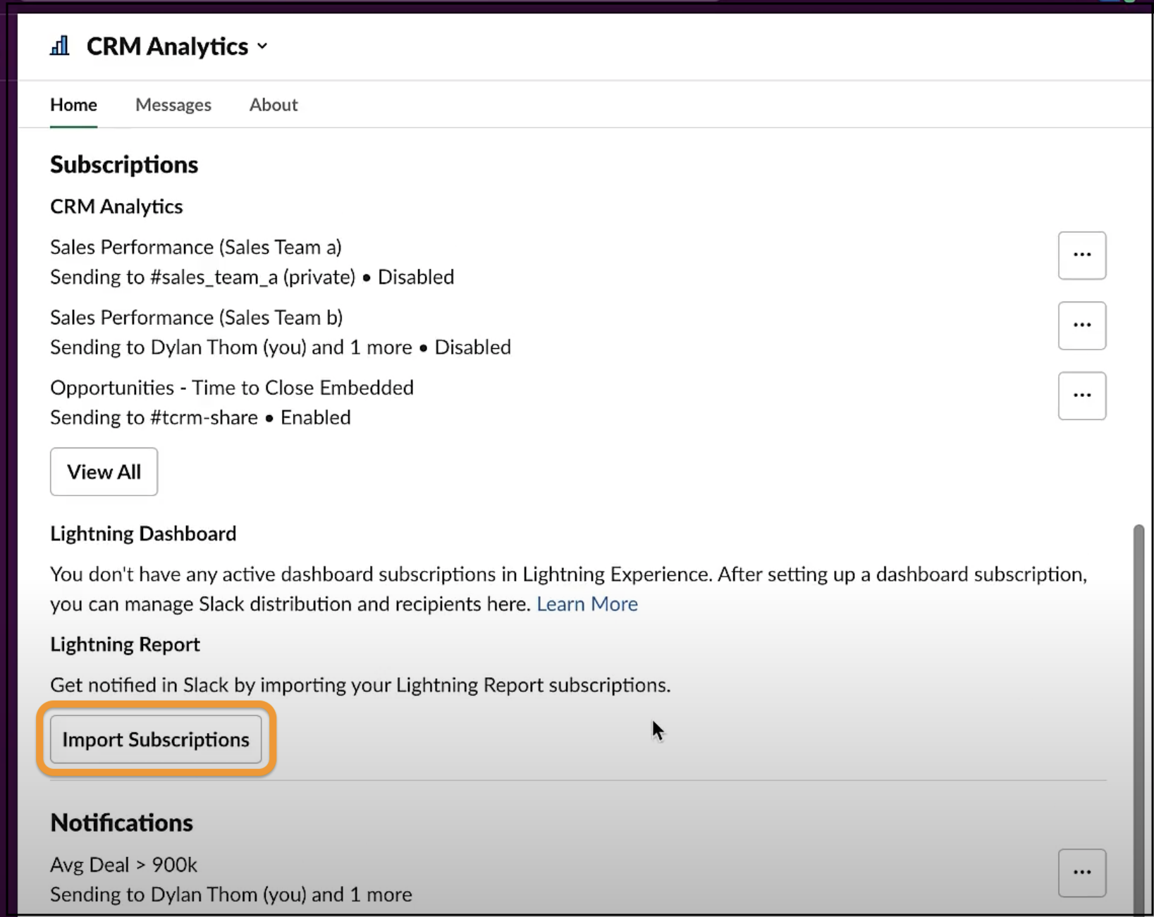 Home tab with Import Subscriptions button