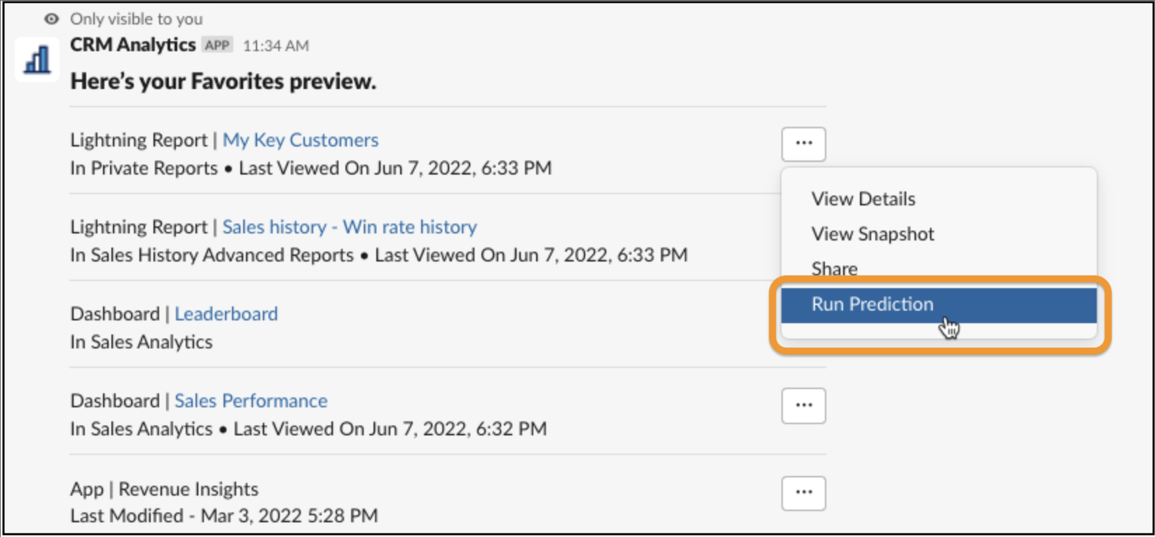 Lightning report with the Run Prediction option highlighted in the menu