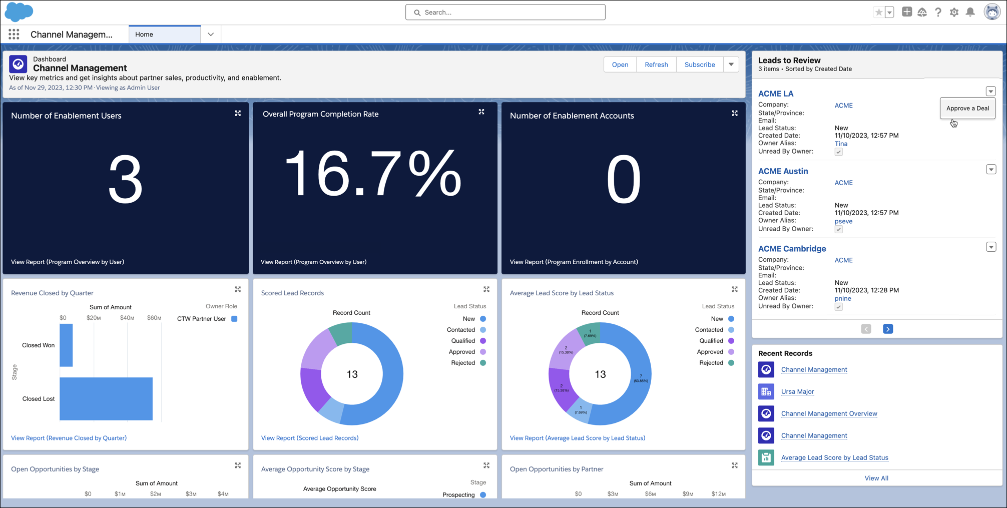 View of the Channel Management Console app home page, showing the Channel Management Overview Dashboard, the Leads to Review component, and recent records
