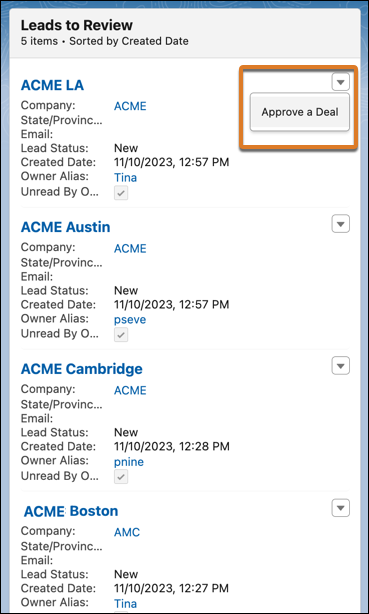 The leads to review panel from the Channel Management Console, showing a list of leads and an action menu with the Approve a Deal option.