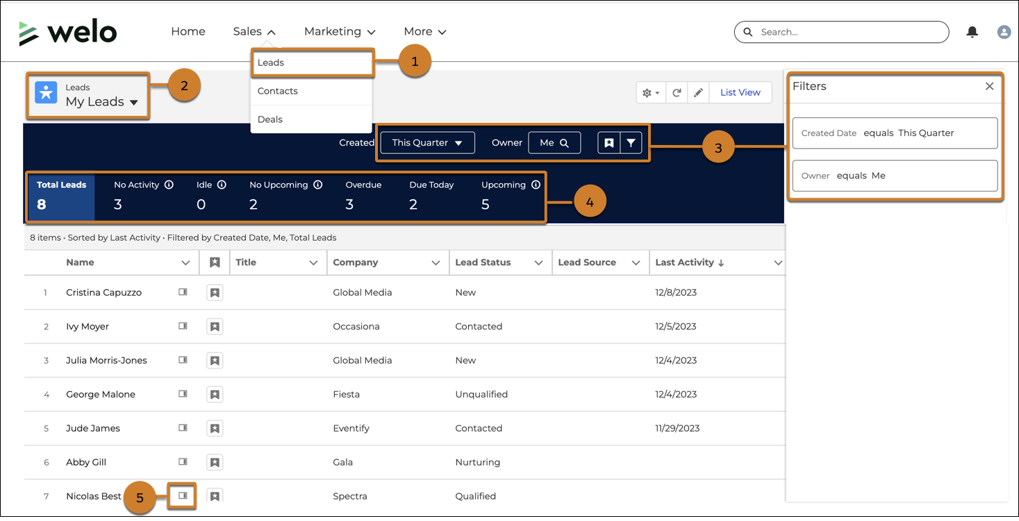Partner site showing navigation to lead or contact intelligence view, filters for records that the user owns that were created this quarter, and a series of metrics including 3 leads with no activity, 3 leads with overdue activity, and 5 with upcoming activity scheduled.