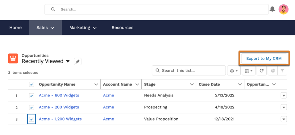 Export to My CRM button on the an opportunities list view