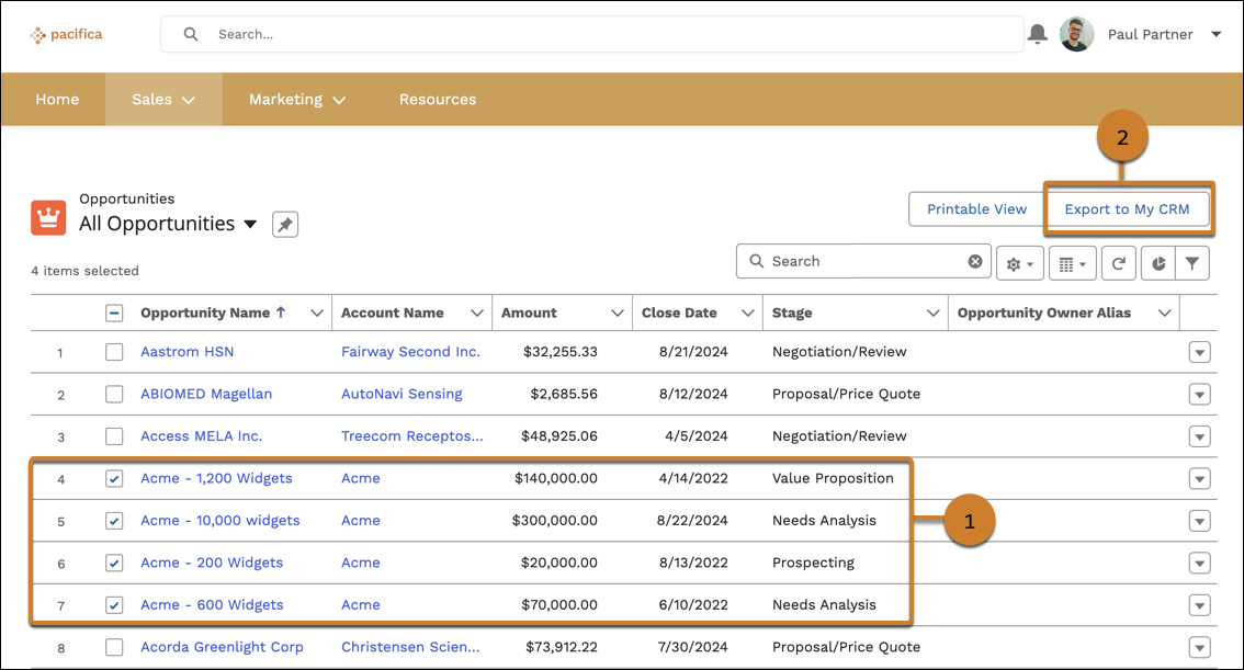 An opportunity list view in an Experience Cloud partner site highligting four selected opportunities for the Acme account (1) and highlighting the Export to My CRM button (2).