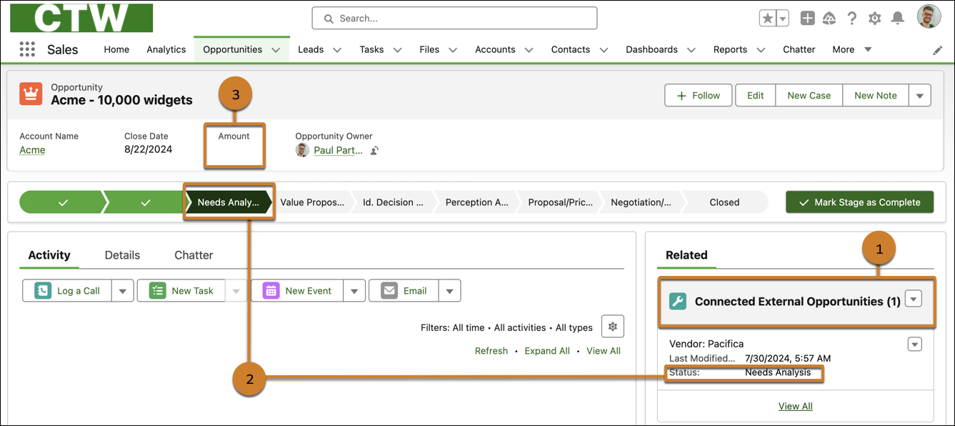 The exported opportunity in the partner's org highligting the read-only connected external opportunity (1) and the empty account field that the vendor didn't share (2).