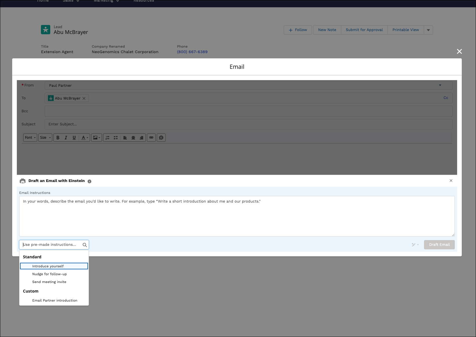 The email composer in an Experience Cloud site showing the Draft With Einstein email prompt options