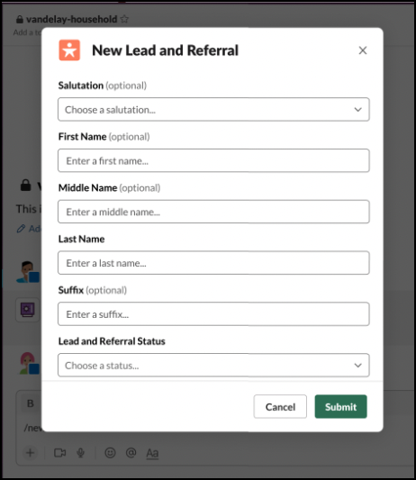 Slack new lead or referral
