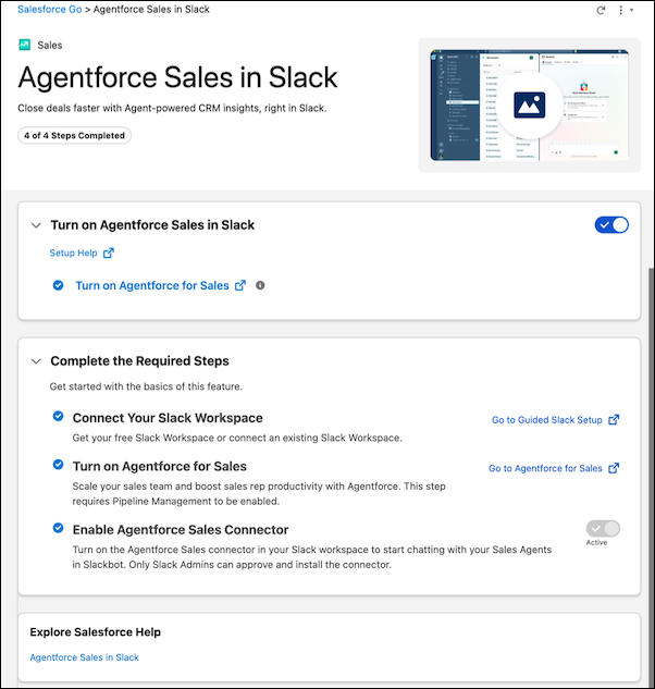 The Agentforce Sales in Slack Go page, showing the onboarding steps to turn on the feature and connect your Slack workspace.