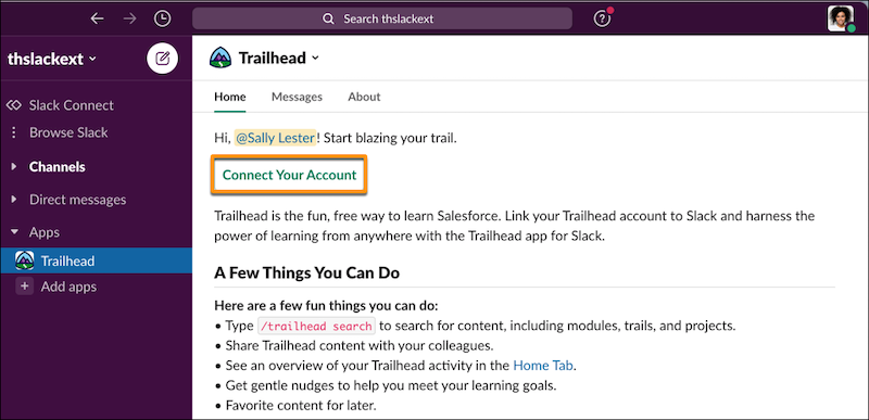 The Home tab in the Trailhead Slack app, showing the Connect Your Account button