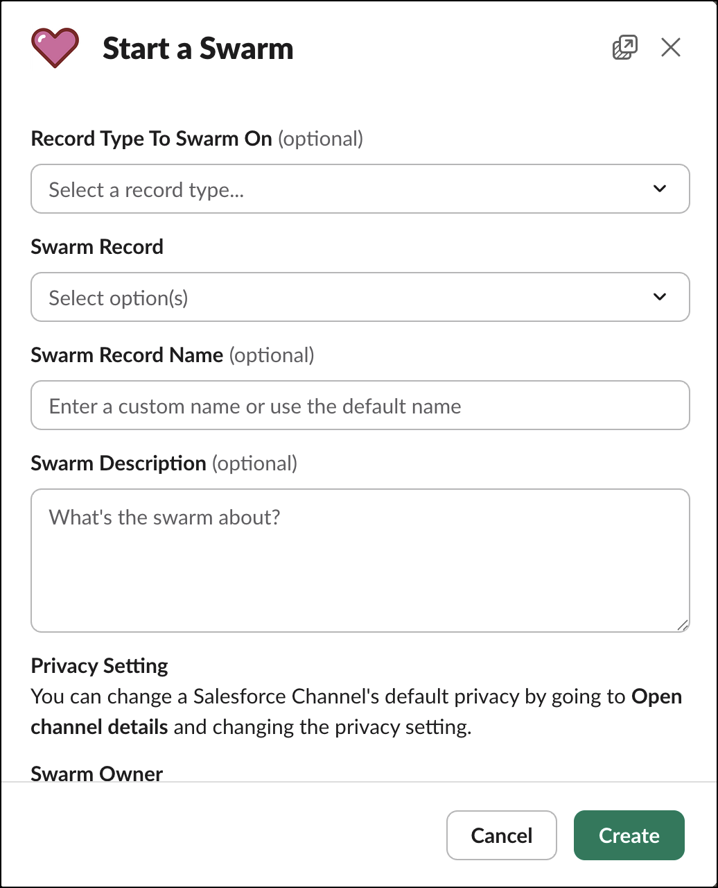 Start a swarm modal in Slack