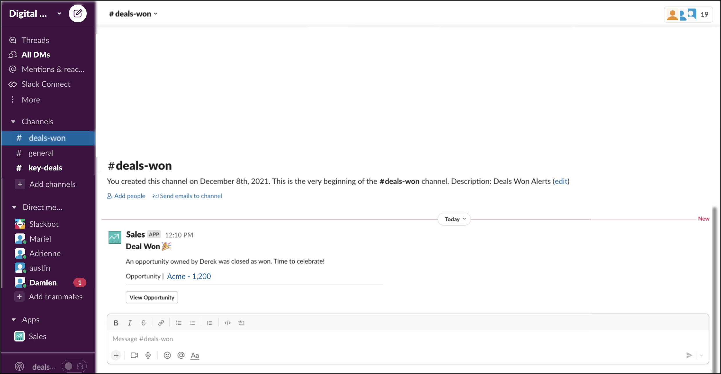 Slack の [Deals Won (商談成立)] フィードチャネルと [Deals Won (商談成立)] 通知