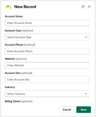 A screenshot of a Slack Record Layout containing six blank editable fields.