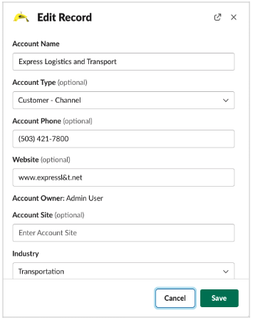 A screenshot of a Slack Record Layout containing six editable fields including the current record details.
