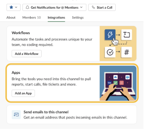 Slack apps button