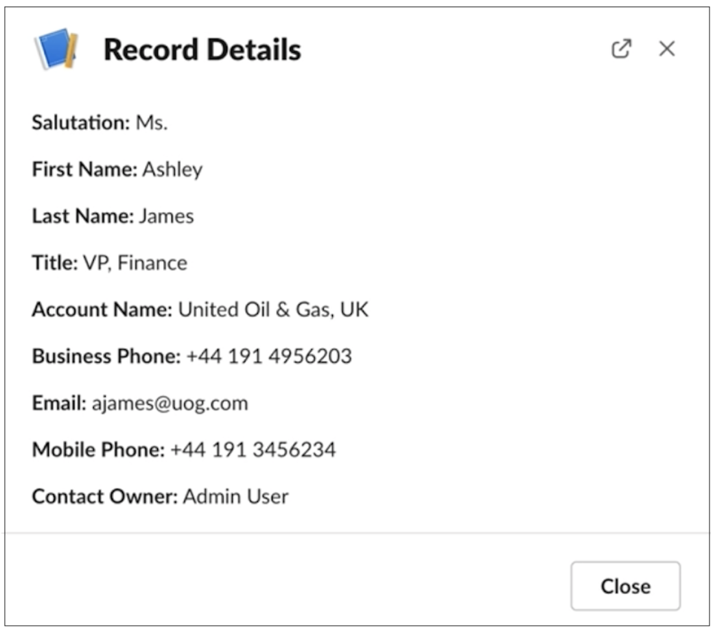 Slack Record Layout with contact object.