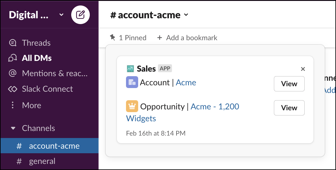 販売チャネルに固定された Salesforce アカウントと Salesforce 商談