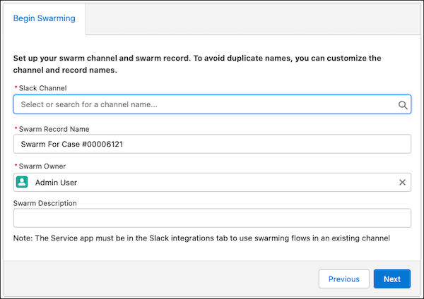 Begin swarming modal