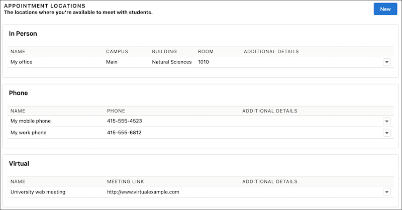 Appointment Locations with In Person, Phone, and Virtual locations