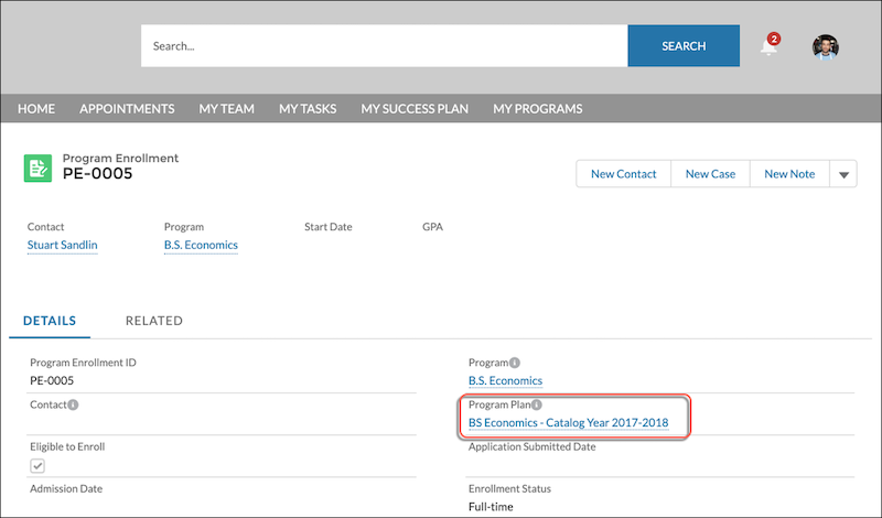 Program Enrollment record page in the portal with a callout on the Program Plan field