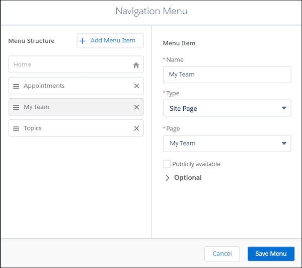 The Navigation Menu window with details for the My Team page