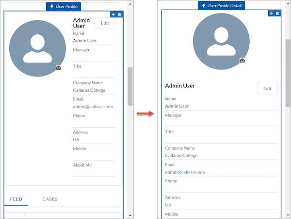 The default User Profile page on the left and the simplified User Profile Detail page on the right