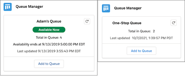 On the left, the Queue Manager component for a support staff member and on the right, the Queue Manager for a Support Pool