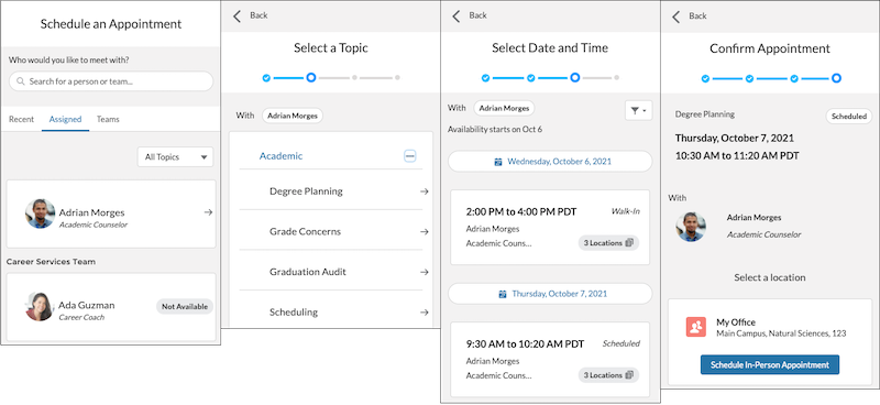 From left to right, students select a person, topic, date, time, and appointment location in the Scheduling Wizard