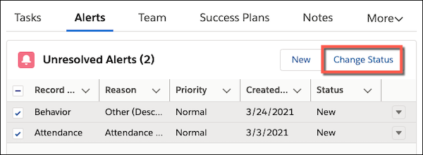 Select multiple Alerts on a student record and click Change Status