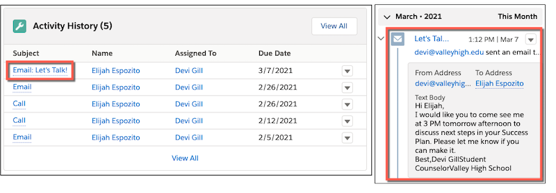 The Activity History tab on the left and the Activity feed component on the right