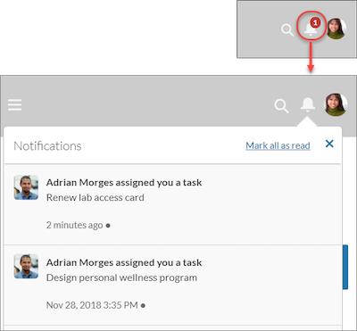 The Task notification icon and the Notifications list in the portal