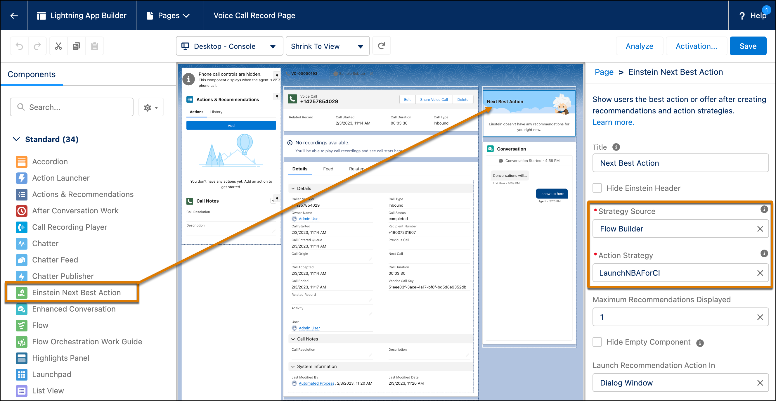 Add the Einstein Next Best Action Component to the Voice Call