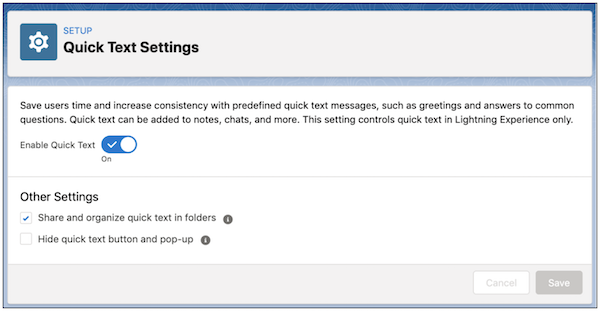 Quick Text Settings page