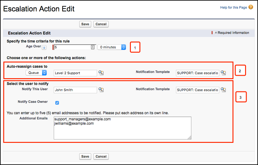 Screenshot showing Escalation Actions page with boxes around the Auto-reassign cases section and the Select users to notify section