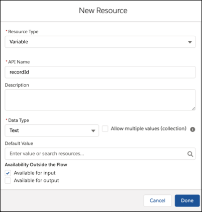 New varaible resource named recordId.