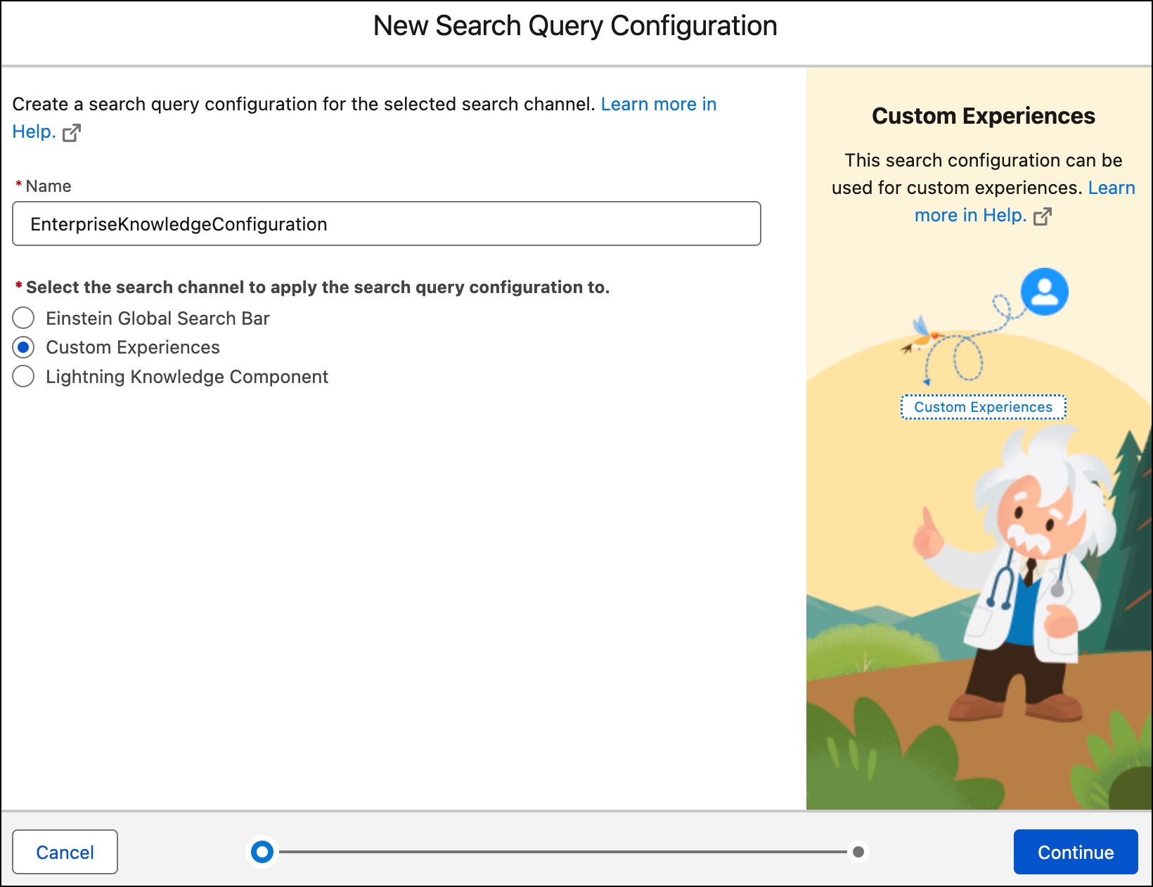 Pagina Nuova configurazione della query di ricerca con il nome e il canale di ricerca Esperienze personalizzate selezionati.