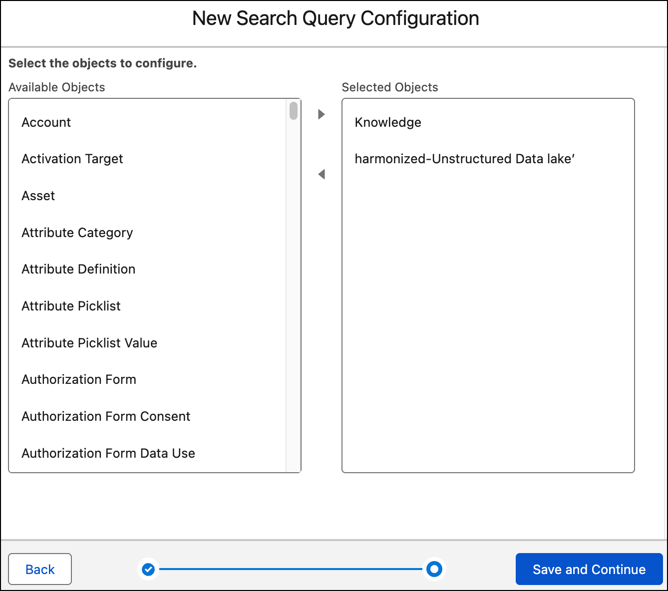 Pagina Nuova configurazione della query di ricerca che mostra gli oggetti disponibili e selezionati.