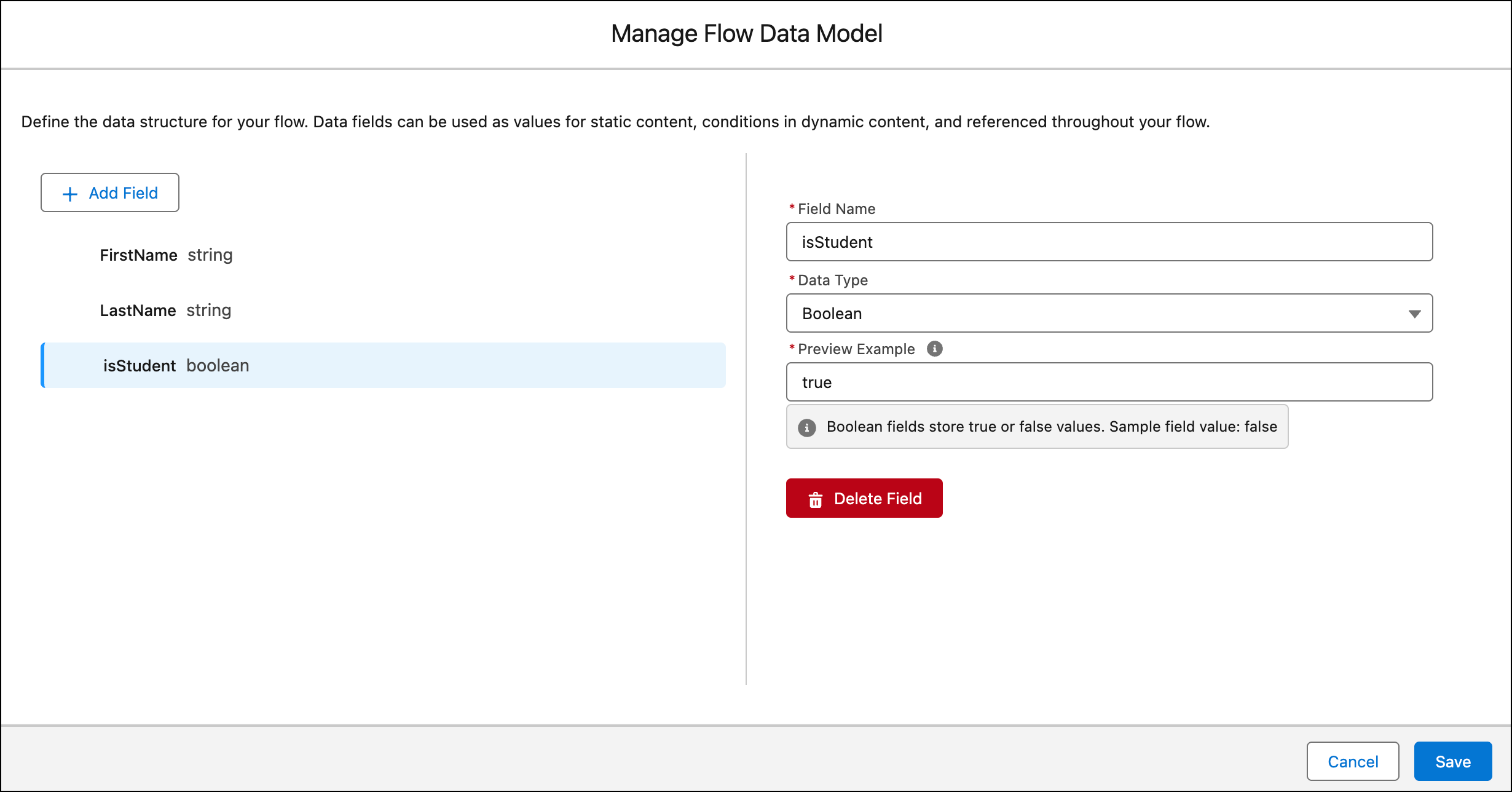 The data model has three defined fields.