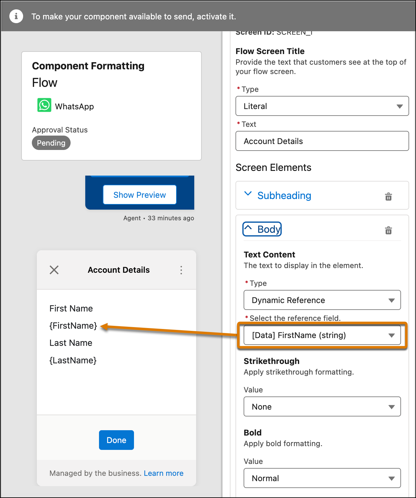 The dynamic reference pulls data from the FirstName input field.