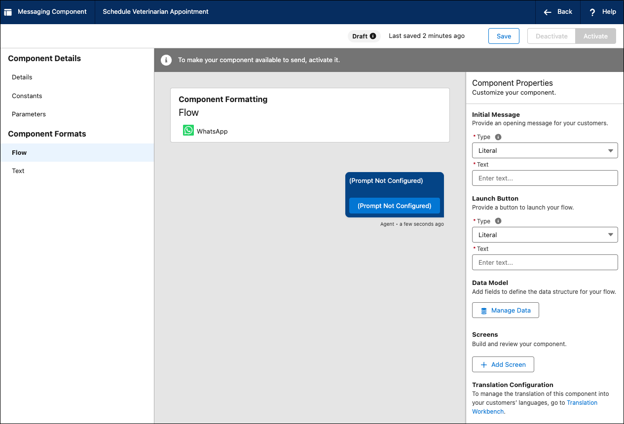 Image of the Flow layout in the Messaging Component Builder.