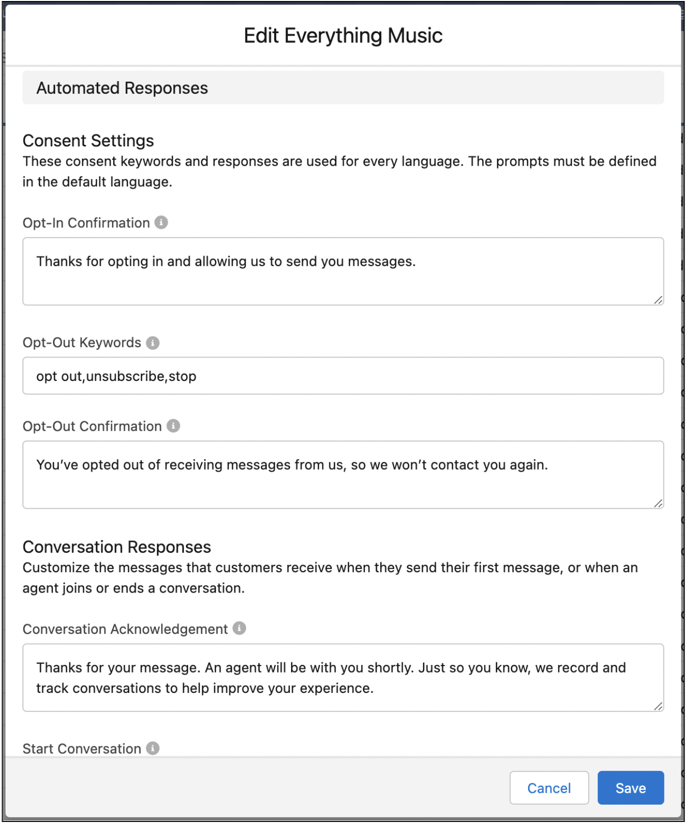 Consent settings for a Messaging channel