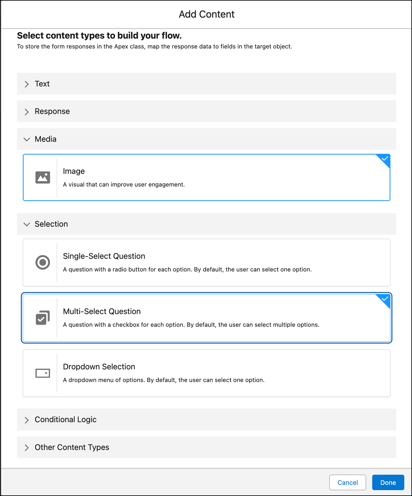 The Add Content screen from the Messaging Component Builder.