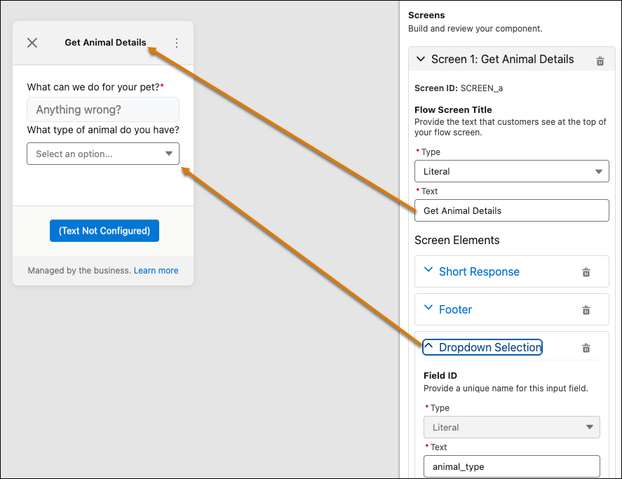 Messaging Component Builder canvas showing how the Flow Screen Title Text and the Dropdown Selection Text populate.