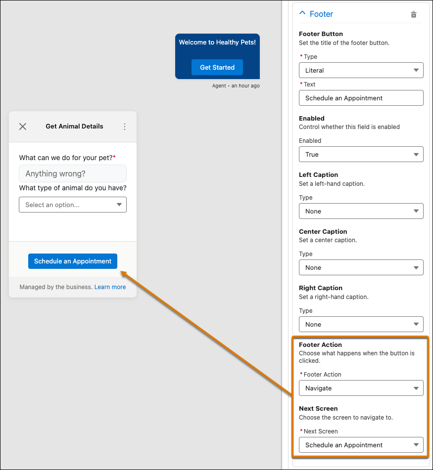 Messaging Component Builder canvas showing how the Footer Action and Next Screen settings appear.