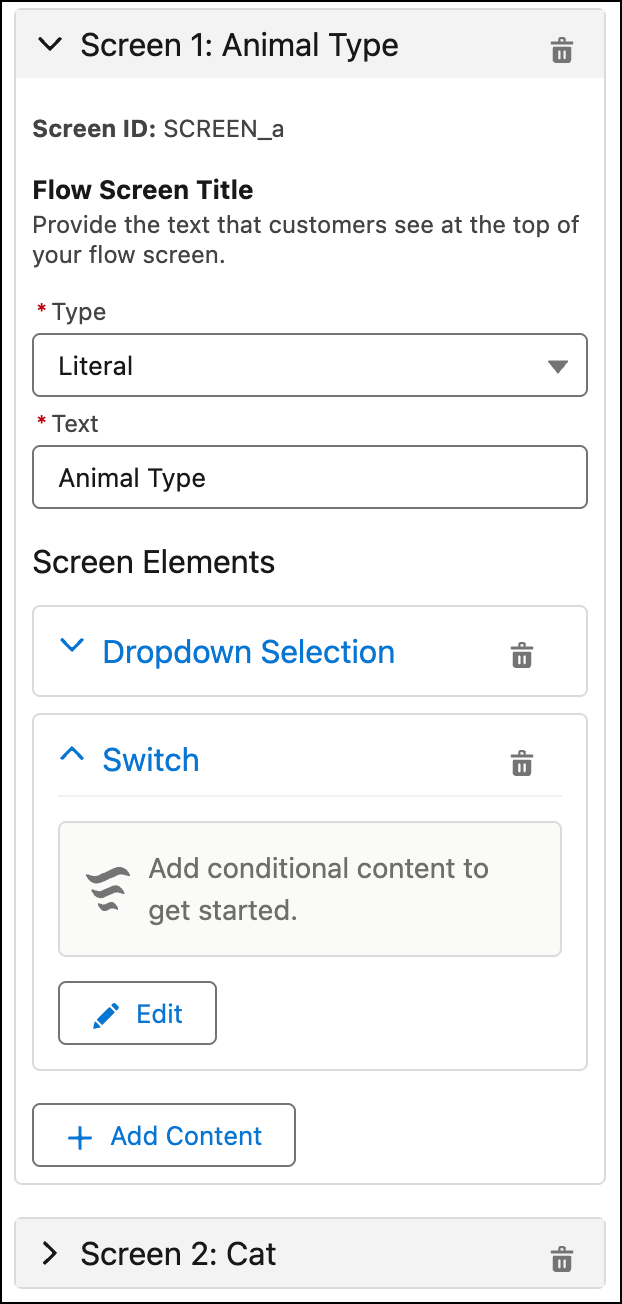 The screen configuration shows different screen elements, including the Switch element.