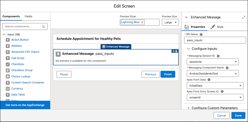 The Enhanced Messaging component calls the dynamic WhatsApp flow and provides input data.